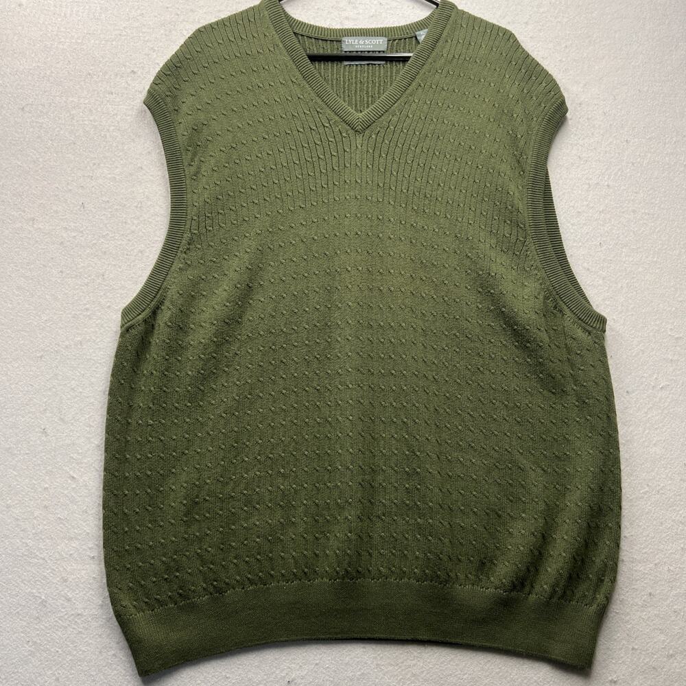 Lyle & Scott Scotland XL Combed Cotton Sweater Vest Green‎ Textured V-Neck